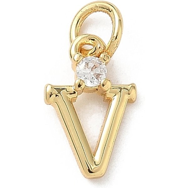 Brass Pave Clear Cubic Zirconia Charms, Letter Charms, With Jump Ring, Rack Plating, Long-Lasting Plated, Lead Free & Cadmium Free, Real 18K Gold Plated, Letter V, 12-12.5X3-10X2.3Mm, Hole: 3.3Mm-image