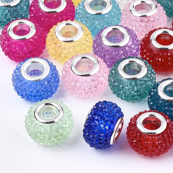 Resin Rhinestone European Beads, Large Hole Beads, With Platinum Tone Brass Double Cores, Rondelle, Berry Beads, Mixed Color, 14X10Mm, Hole: 5Mm-image