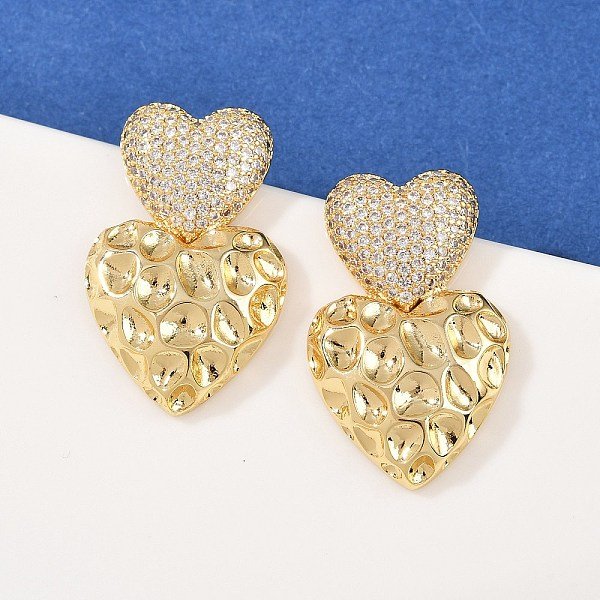Boucles D'oreilles Pendantes En Laiton Avec Pavé De Zircon Cubique Transparent, Plaqué Longue DuréE, CréMaillèRe Plaquage, VéRitable 18K Plaqué Or, CœUr, 31.5X20Mm-image