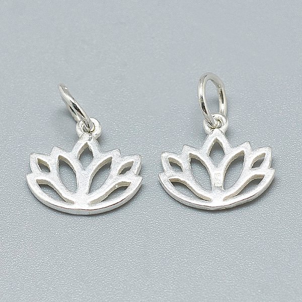 925 Sterling Silver Charms, With Jump Ring, With 925 Stamp, Lotus, Silver, 10.5X11X1Mm, Hole: 4Mm-image