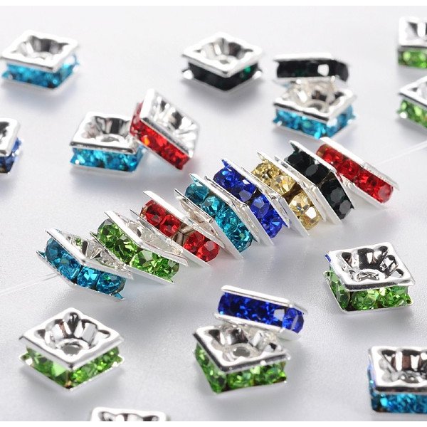 Messing Strass Zwischen Perlen, Klasse A, Viereck, Nickelfrei, Silberfarben Plattiert, Mischfarbe, 7X7X3 Mm, Bohrung: 1 Mm-image