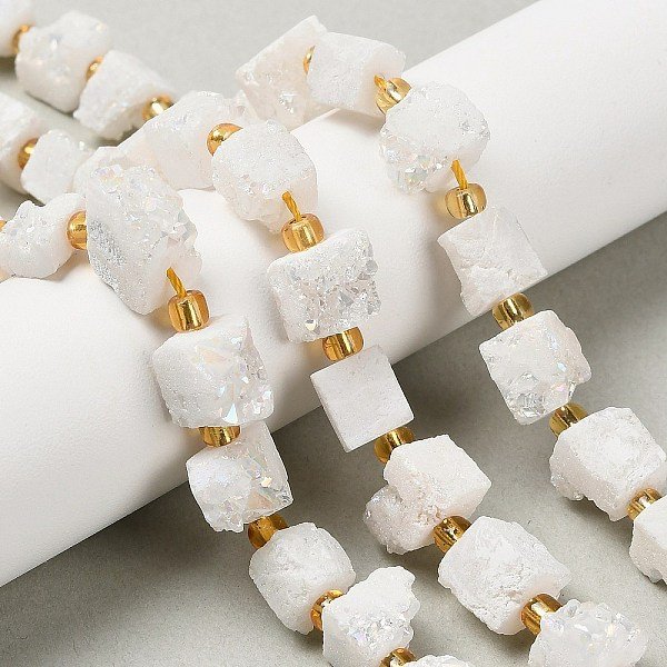 Electroplated Natural Druzy Agate Beads Strands, Cube, With Seed Beads, White, 9.5-11X8-10X9.5-10.5Mm, Hole: 1Mm, About 14Pcs/Strand, 7.20''(18.3Cm)-image