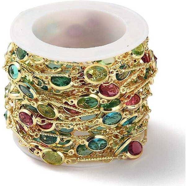 Cadenas De Eslabones Ovalados De Vidrio De Colores, Con Cadenas De Eslabones De LatóN, Sin Soldar, Con Carrete, Real 18K Chapado En Oro, 15.5X1Mm, 14X7X3Mm, Aproximadamente 16.40 Pie (5 M) / Rollo-image