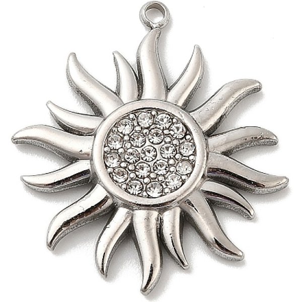 Pendentifs en strass en acier inoxydable 304, breloques de soleil, Sans cadmium & sans nickel & sans plomb, couleur inoxydable, 29x26x3mm, Trou: 1.8mm