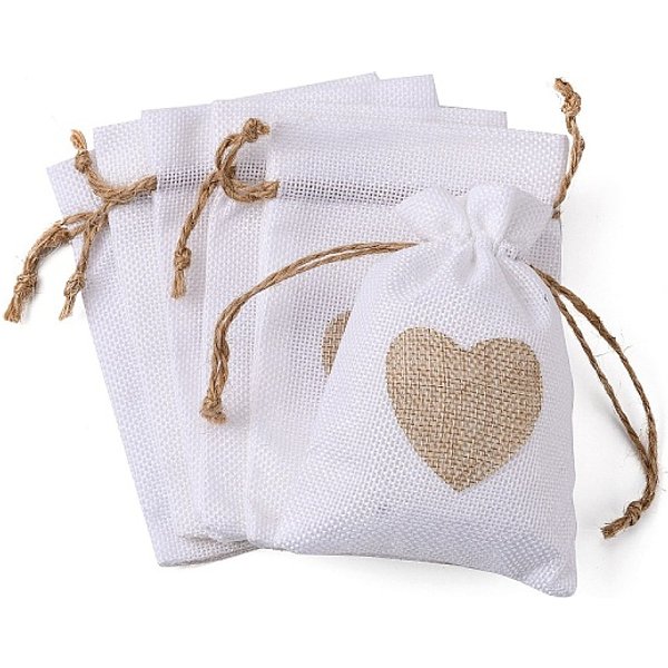 Burlap Packing Pouches, Drawstring Bags, Rectangle With Heart, White, 17.5-18X12.5-13X0.4Cm-image