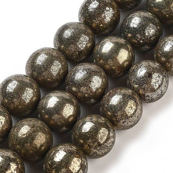 Natural Pyrite Round Beads Strands, Grade A, 8Mm, Hole: 1Mm, About 48-49Pcs/Strand, 15 Inch-image
