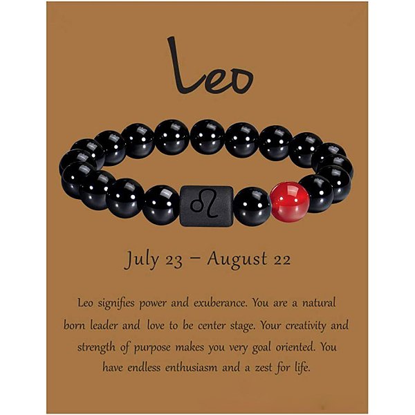 12 Constellation Natural Round Carnelian Beads Stretch Bracelets, With Black Agate Round Beaded, Leo, 1/4X2-3/8 Inch(0.8X6Cm)-image