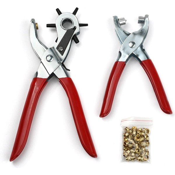 45# Carbon Steel Hole Punch Plier Sets, Pliers And Iron Grommet Eyelet, Suitable For Leather Punch, Red, 335X110X25Mm, 1Set Indluding 2Pliers And 20Pcs Grommet Eyelets-image