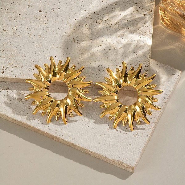 304 Stainless Steel Sun Stud Earrings, Cadmium Free & Nickel Free & Lead Free, Real 18K Gold Plated, 55X55.5Mm-image
