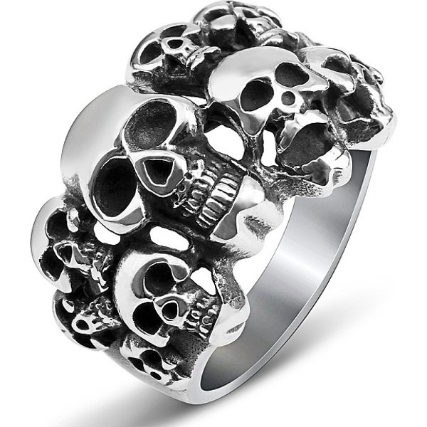 Steam Punk Style Stainless Steel Multi-Skull Finger Rings, Hollow Wide Rings for Men, Stainless Steel Color, US Size 14(23mm)