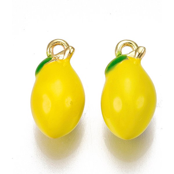 Messing Charme, Mit Emaille, Zitrone, Nickelfrei, Echtes 18K Vergoldet, Golden, 13X7 Mm, Bohrung: 1.2 Mm-image