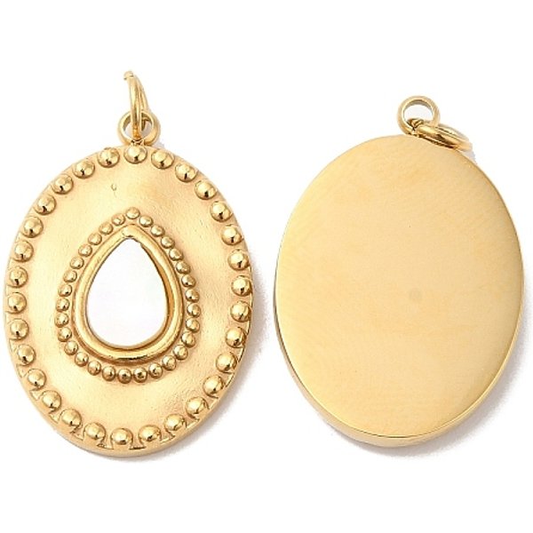 Ion Plating(Ip) 304 Stainless Steel Pendants, With White Shell And Jump Ring, Oval With Teardrop Charm, Real 14K Gold Plated, 20.5X13X3Mm, Hole: 3Mm-image