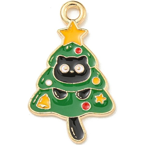 Christmas Kitty Alloy Enamel Pendants, Light Gold, Cat Charm, Christmas Tree, 25X15X1.2Mm, Hole: 2Mm-image