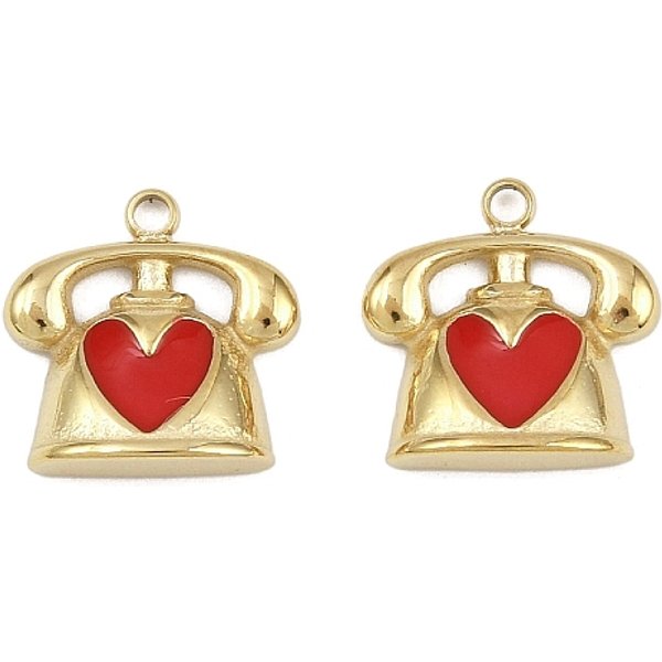 304 Stainless Steel Enamel Pendants, Telephone With Heart Charms, Ion Plating(Ip), Manual Polishing, Real 18K Gold Plated, 13X13X4Mm, Hole: 1.4Mm-image
