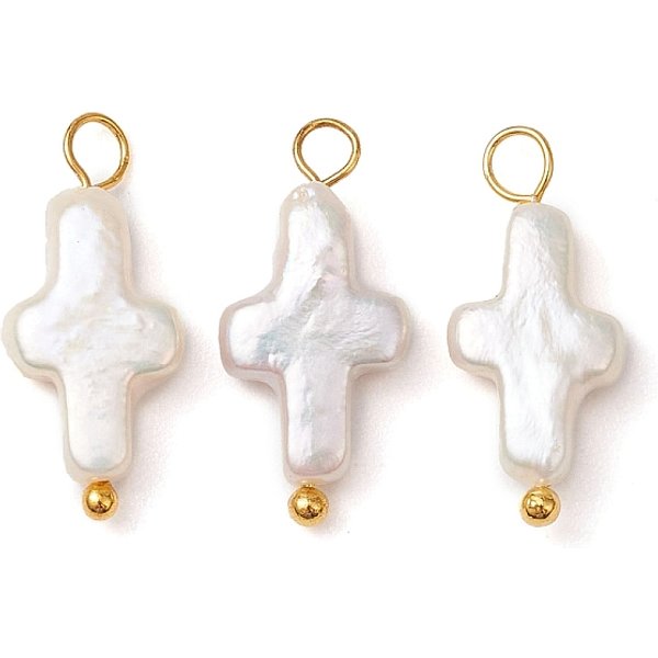 Natural Keshi Pearl Pendants, With Brass Ball Head Pins, Cross Charms, Golden, 19X8-8.5X3.5Mm, Hole: 2-2.3Mm-image