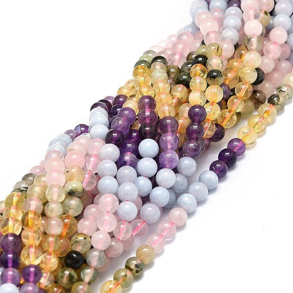 Natural Mixed Gemstone Beads Strands, Natural Aquamarine & Rose Quartz & Prehnite & Citrine & Amethyst, Round, 6mm, Hole: 0.8mm, about 65pcs/strand, 15.55''(39.5cm)