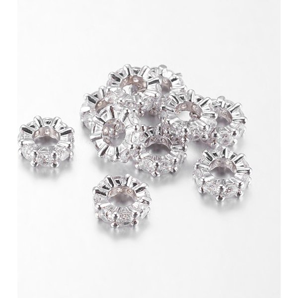 Brass Cubic Zirconia European Beads, Rondelle, Platinum, 8x3mm, Hole: 4mm