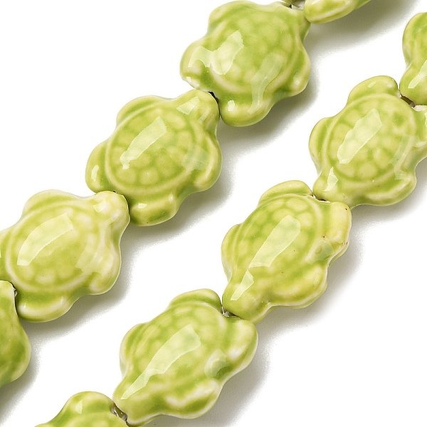 Handmade Porcelain Beads Strands, Tortoise, Bright Glazed Porcelain, Green Yellow, 17X14X8Mm, Hole: 1.8Mm, About 22Pcs/Strand, 14.3 Inch(36-37Cm)-image