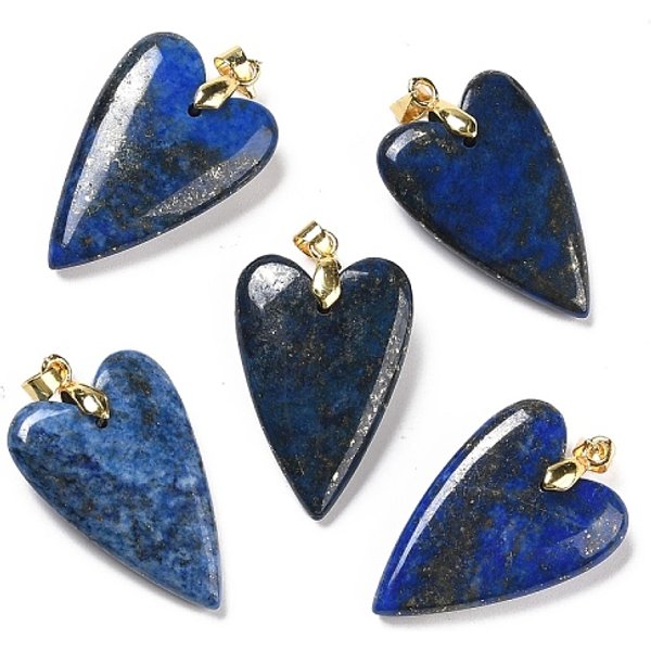 Natural Lapis Lazuli Pendants, With Rack Plating Golden Plated Brass Findings, Long-Lasting Plated, Dyed, Heart, 32-34X20X8Mm, Hole: 4X4Mm-image