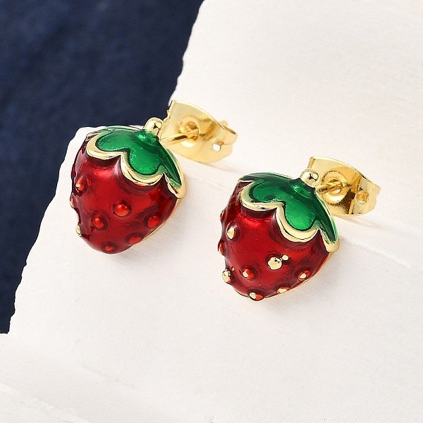 Orecchini A Bottone In Ottone Smaltato, Vero Placcato Oro 18K, Fragola, 12X10Mm-image
