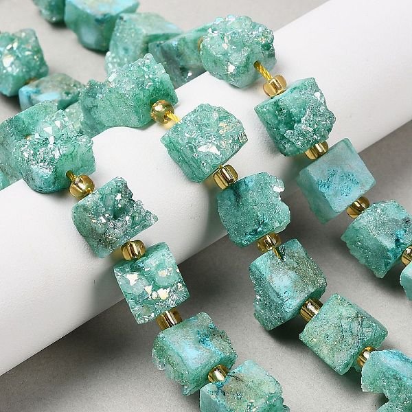 Electroplated Natural Druzy Agate Beads Strands, Cube, With Seed Beads, Medium Aquamarine, 9.5-11X8-10X9.5-10.5Mm, Hole: 1Mm, About 14Pcs/Strand, 7.20''(18.3Cm)-image