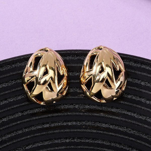 Brass Hollow Oval Stud Earrings, Nickel Free, Real 18K Gold Plated, 19X15Mm-image