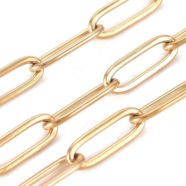 3.28 Feet Pvd Vacuum Plating 304 Stainless Steel Paperclip Chains, Drawn Elongated Cable Chains, Soldered, Golden, Links: 12X4X1Mm-image