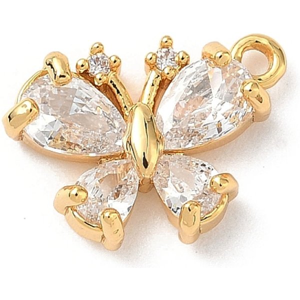 Brass Micro Pave Clear Cubic Zirconia Charms, Butterfly Charm, Nickel Free, Real 18K Gold Plated, 10.5X14.5X3.5Mm, Hole: 1.4Mm-image