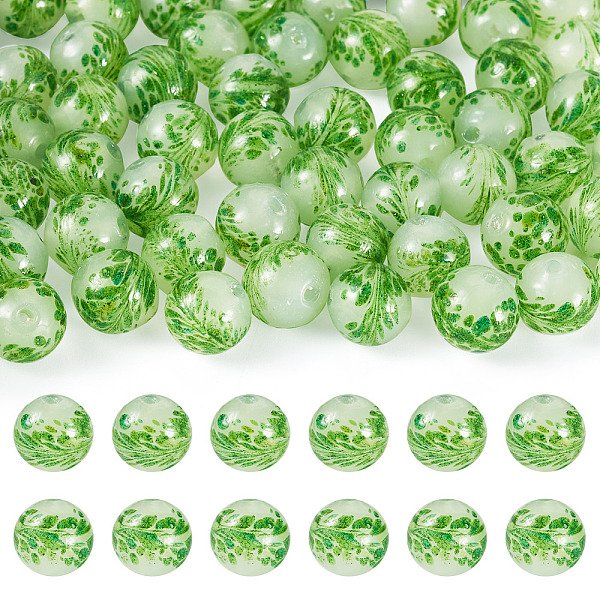 50Pcs Handmade Sand Lampwork Beads, Round With Flower, Green, 9X10Mm, Hole: 1.6Mm-image