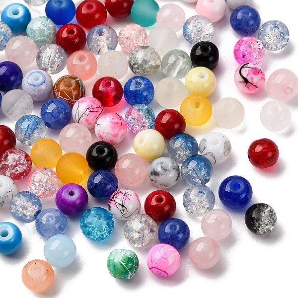 Glass Beads, Round, Transparent Crackle & Frosted, Mixed Style, Mixed Color, 8X7.5Mm, Hole: 1.5-1.6Mm, About 735Pcs/500G-image