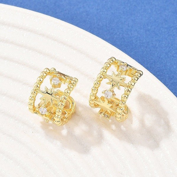 Brass Micro Pave Clear Cubic Zirconia Cuff Rings, Star, Golden, 14-15.5X9.5Mm-image