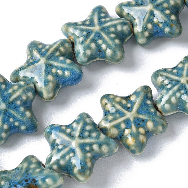 Ocean Series Handmade Porcelain Beads, Starfish Ceramic Beads, Steel Blue, 19-20X20.5-21X8.5-9Mm, Hole: 2Mm, About 20Pcs/Strand, 14.37''(36.5Cm)-image