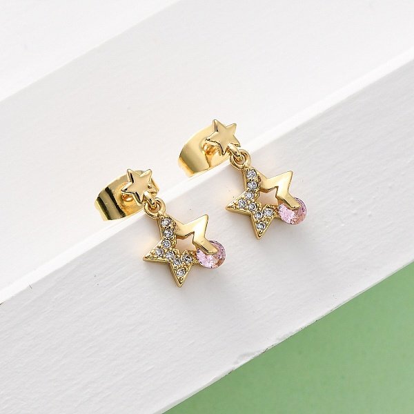 Brass Micro Pave Cubic Zirconia Star Dangle Stud Earrings, Real 16K Gold Plated, 13.5X8Mm-image