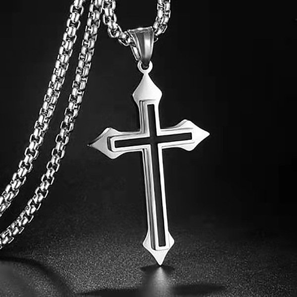 Cross Alloy Black Enamel Pendant Necklaces, 202 Stainless Steel Box Chain Necklaces For Men, Stainless Steel Color, 23.62 Inch(60Cm)-image