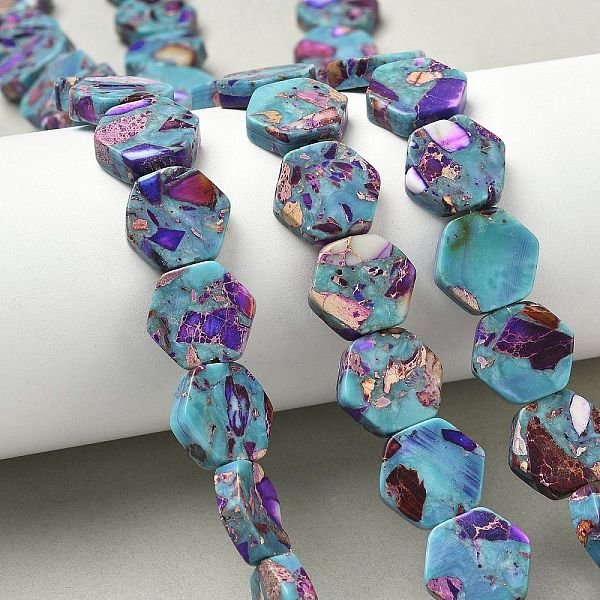 Dyed Synthetic Imperial Jasper Beads Strands, Hexagon, Purple, 14-15X13.5-14X4-4.5Mm, Hole: 1Mm, About 29Pcs/Strand, 15.87''(40.3Cm)-image