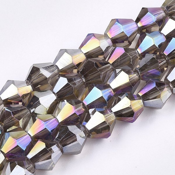 Galvanisieren Glasperlen, Ab Farbe Plattiert, Facettiert, Doppelkegel, Olive, 6X5.5-6 Mm, Bohrung: 1 Mm, Ca. 47-48 Stk. / Strang, 10.83 Zoll (27.5 Cm)-image