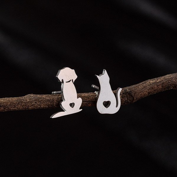 Orecchini A Bottone In Acciaio Inossidabile A Forma Di Piccoli Animali Per Donna, Forma Di Gatto, Sinistra E Destra, Colore Acciaio Inossidabile, 60X40Mm-image