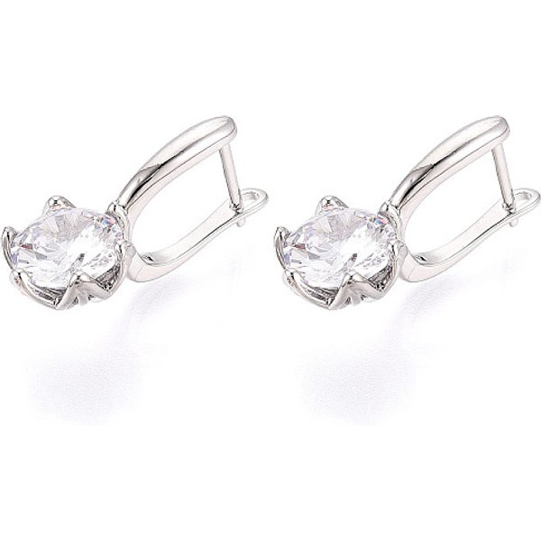 Brass Micro Pave Clear Cubic Zirconia Flower Hoop Earrings, Real Platinum Plated, 21X11X9Mm-image