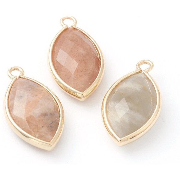 Natural Sunstone Pendants, with Golden Brass Edge, Faceted, Horse Eye, 22x12x5.5mm, Hole: 1.8mm