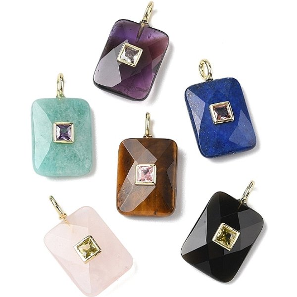 Pendentifs En Pierres Gemmes MéLangéEs, Breloques Rectangulaires à Facettes Avec Micro-PavéS En Laiton Et Zircones Cubiques De Couleur AléAtoire, Or, MéLangé Teint Et Non Teint, 26.5X15X6.5-7Mm, Trou: 2.5X3.5Mm-image