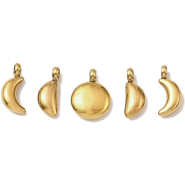 5Pcs 304 Stainless Steel Charms, Ion Plating(Ip), Flat Round & Moon Charm, Golden, 10.5X4-8X2.5-3Mm, Hole: 1.8Mm-image