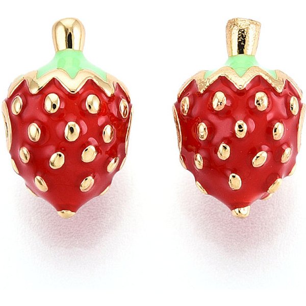 Charms Smalto Ottone, Charms Fragola, Vero Placcato Oro 18K, Cadmio & Nichel &Piombo Libero, Rosso, 12.5X8X8Mm, Foro: 1.5 Mm-image