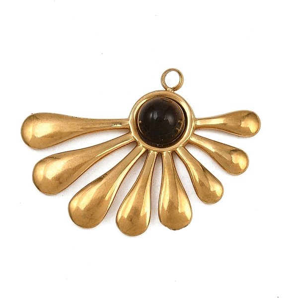 Natural Tiger Eye Pendants, Fan Flower Charms, With 304 Stainless Steel Settings, Golden, 22X30X4.5Mm, Hole: 1.8Mm-image