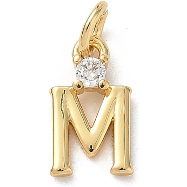 Brass Pave Clear Cubic Zirconia Charms, Letter Charms, With Jump Ring, Rack Plating, Long-Lasting Plated, Lead Free & Cadmium Free, Real 18K Gold Plated, Letter M, 12-12.5X3-10X2.3Mm, Hole: 3.3Mm-image