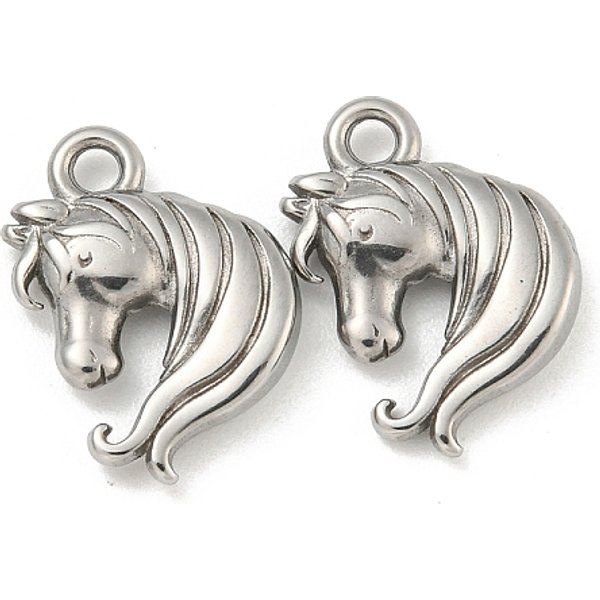 Non-Tarnish 304 Stainless Steel Charms, Horse's Head Charm, Stainless Steel Color, 14.5X12.5X3Mm, Hole: 1.6Mm-image