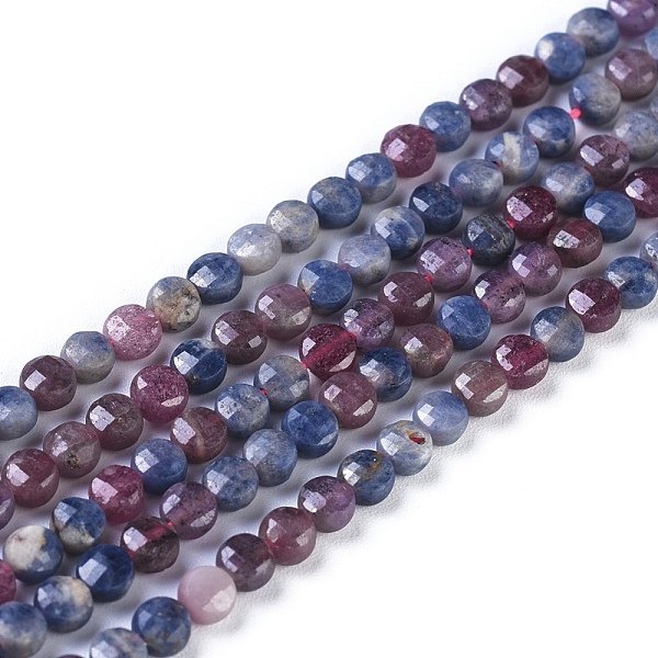 Natural Red Corundum/Ruby And Sapphire Beads Strands, Faceted, Flat Round, 3.5-4.5X2-2.5Mm, Hole: 0.5Mm, About 98-107Pcs/Strand, 15.35 Inch(39Cm)Long-image