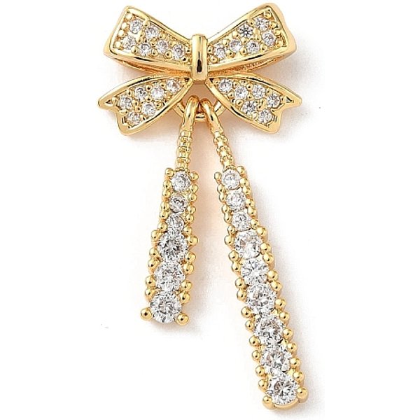 Brass Micro Pave Clear Cubic Zirconia Pendants, Bowknot Charm, Nickel Free, Real 18K Gold Plated, 30.5x15x4.5mm, Hole: 1.6mm