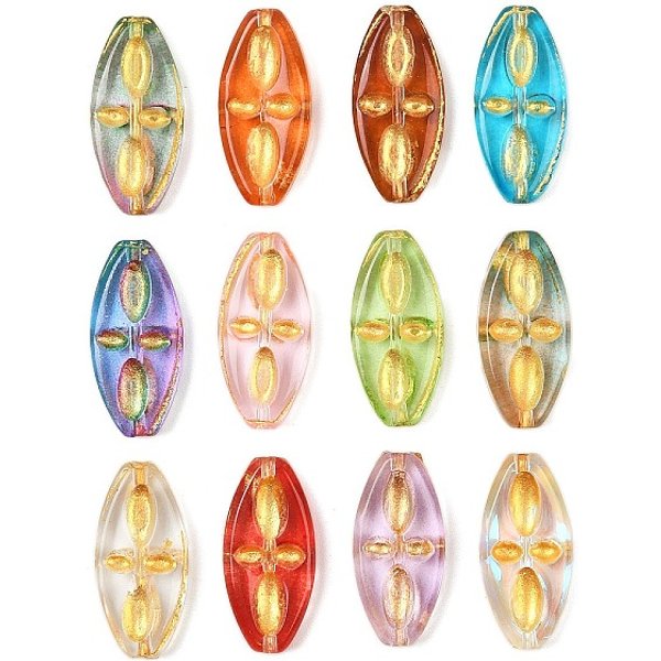 Baking Paint And Golden Metal Enlaced Glass Beads, Oval, Mixed Color, 20X9.5X3.7Mm, Hole: 1Mm-image
