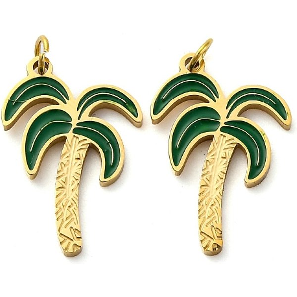 304 Stainless Steel Enamel Pendants, With Jump Ring, Coconut Tree Charms, Ion Plating(Ip), Real 18K Gold Plated, Green, 20X13.5X1.5Mm, Hole: 2.5Mm-image