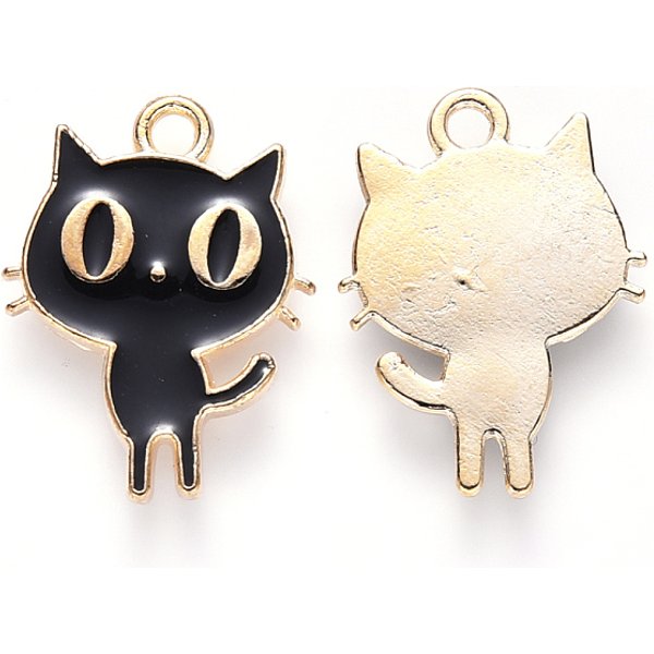 Alloy Enamel Pendants, Cat Shape, Light Gold, Black, 19X14X2Mm, Hole: 1.8Mm-image